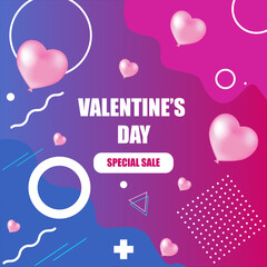 New discount banner with colorful geometric shapes. 
Special sale on valentine's day. MEMPHIS STYLE.