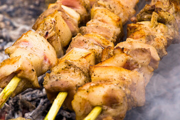 Georgian traditional dish, Mtsvadi on the fire, raw meal on the grill