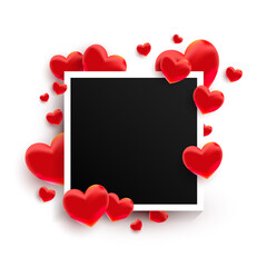 Empty black photo frame with many sweet love hearts shape on white background. Vector illustration