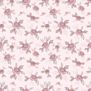 Nude pastel pink pony floral repeat pattern, vector flower pattern. © MothLady