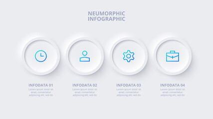 Neumorphic elements for infographic. Template for diagram, graph, presentation and chart. Skeuomorph concept with 4 options, parts, steps or processes