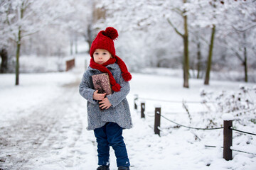 Beautiful toddler child, cute boy, playing in snowy park winter time