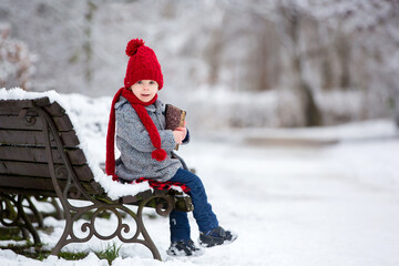 Beautiful toddler child, cute boy, playing in snowy park winter time