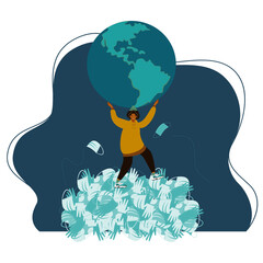 Young woman saves the planet from pollution by standing on a pile of garbage and holding the planet in her hands, Vector illustration save the planet, Earth Day concept