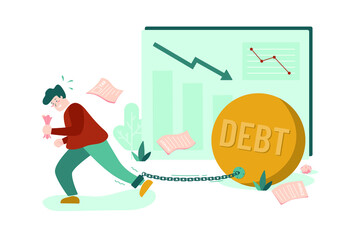 Vector illustration of man on debt. Giant boulder on foot. Difficult to move. Arrow chart going down flat design.