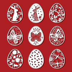 Easter eggs set with rabbit, butterfly, flower. White ornamental eggs for laser cutting on red background. Icons for greeting card
