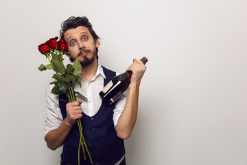 businessman man with a beard and glasses on Valentine's day in a white shirt and vest on a white background stands with a red rose