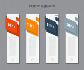 Colorful  rectangular infographics elements, Thin line pictograms, pointers and text box, Concept of business model with 4 successive steps, Modern design template, Steps or processes.