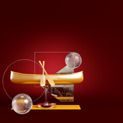 Yellow canoe with geometric frames and spheres on dark red background