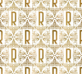 Golden initial seamless pattern with R letter. Heraldic vintage decorative wallpaper, fabric print or wrapping.