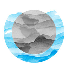 Abstract watercolor stain, blot. Blue color on white isolated background. Round shape.Environmental pollution.  Beautiful art background. Blue wave. Blue,black splash of paint. Ecological catastrophy