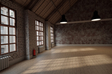3d rendering of empty studio loft with white grunge bricks walls - obrazy, fototapety, plakaty