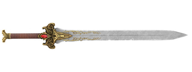 Naklejka premium fantasy golden sword with long blade on isolated white background. 3d illustration