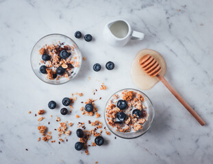 Healthy eating. Natural breakfast with cereals granola, blueberries, milk, honey. White background, organic vegetarian food. Morning diet light meal. top view
