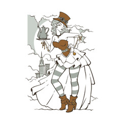 Steampunk girl holding a coffee pot, vector illustration - 404445896