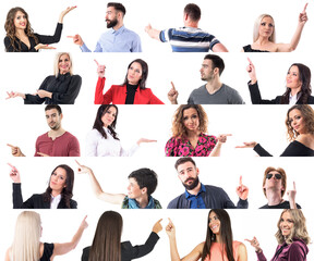Set of many different males and females people presenting and advertising pointing with finger isolated on white background. 