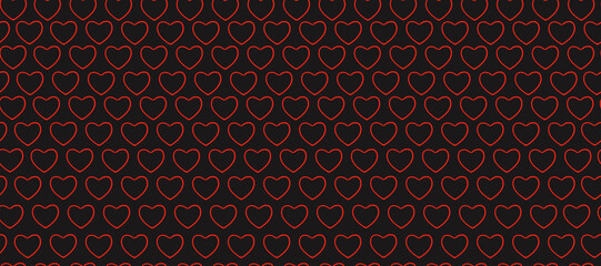 Seamless pattern of red hearts on a black background. Love symbol ornament minimalistic symmetrical romantic composition.
