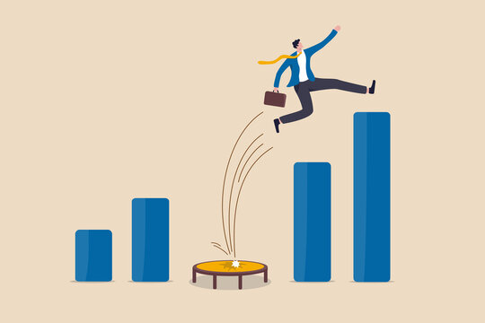Business challenge, revenue rebound and recover from economic crisis or earning and profit growth jump from bottom concept, strong businessman jumping from trampoline back to top of growing bar graph.