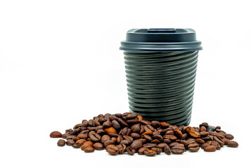 Beautiful modern design takeaway coffee cup with coffee beans, black hot cup with spiral texture and black cap. Image on white background. Blank space for branding design.