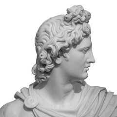 White gypsum copy of ancient statue of Apollo God of Sun head isolated on a white background....