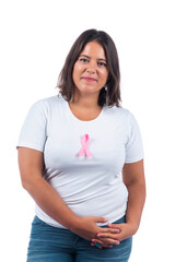 Fototapeta premium Caucasian girl holding breast cancer ribbon