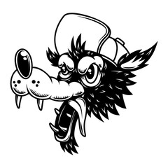 Illustration of cartoon wolf in baseball cap. Design element for poster, card, banner, sign, logo. Vector illustration