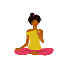 Young woman with closed eyes sitting cross legged on floor and meditating. 
Yoga retreat, spiritual practice, Vipassana Buddhist meditation. Flat cartoon vector illustration.

