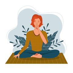 Young man with closed eyes sitting cross legged on floor and meditating. 
Young man with closed eyes sitting cross legged on floor and meditating. 
Yoga retreat, spiritual practice, Vipassana Buddhi

