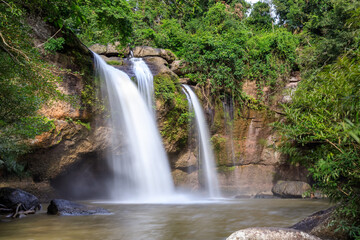 Fototapeta na wymiar Haew Suwat waterfall in forest at Khao Yai National Park, Thailand