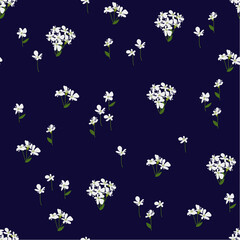 Seamless floral pattern painted by hand. Cute simple white flowers on dark blue background. Floral vintage background for textile, cover, wallpaper, gift packaging, printing, scrapbooking.