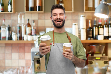 people, profession and job concept - happy smiling barman in apron holding takeaway coffee over bar background