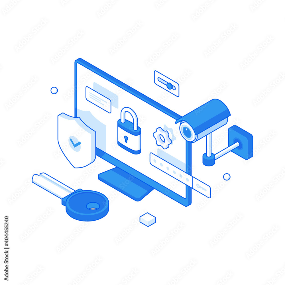 Poster isometric monitor of computer with protected data