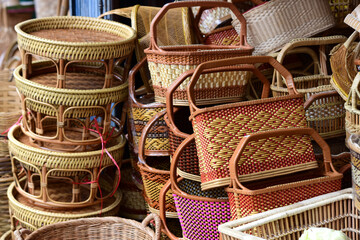 Wicker marketRattan basket.Rattan or bamboo handicraft hand made from natural straw basket.Basket wicker is Thai handmade. it is woven bamboo texture for background and design