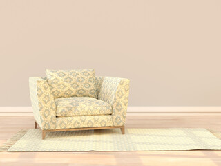 Armchair and carpet in room interior with window reflection on floor