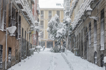 Street of madrid theater covered by snow from the storm philomena