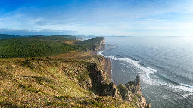Russia. Far East. Seaside. Sea of Japan. The area of the village called Olga. Beautiful view of the Japanese Sea from the side of the cape named South.