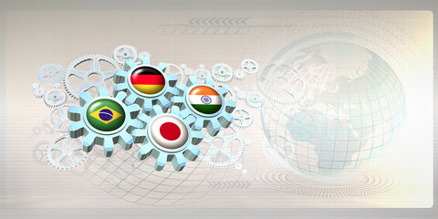 Abstract concept image with flags of The Group of Four nations (Brazil, Germany, India, Japan) on gear wheels. 3D illustration 