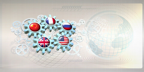 Abstract concept image with national flags of the Big Five or P5 countries (permanent members of the United Nations Security Council) on gear wheels. 3D illustration 