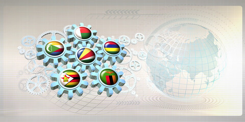 Abstract concept image with flags of six ESA countries (Eastern and Southern Africa) on gear wheels working together within the mechanism of cooperation between the member states. 3D Illustration