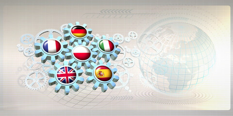 Abstract concept image with flags of The Group of Six or G6 countries (the six countries with the largest populations in the European Union) on gear wheels. 3D illustration