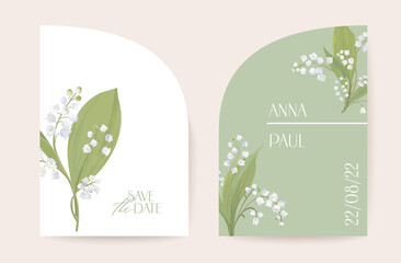Modern minimal Art Deco wedding vector Invitation set. Boho lily flower card template. Spring pastel flowers poster