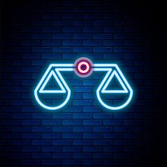 Glowing neon line Scales of justice icon isolated on brick wall background. Court of law symbol. Balance scale sign. Colorful outline concept. Vector.