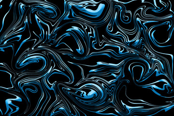 Abstract background illustration of liquid blue glitter paint swirls on black background