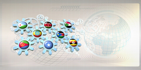 Abstract concept image with flags of IGAD (Intergovernmental Authority on Development) countries on gear wheels working  within the mechanism of cooperation between the member states. 3D illustration