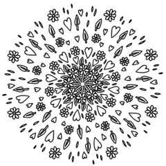 mandala heart flower daisy leaves branches flowering valentine spring summer lined doodle love coloring book page black and white background