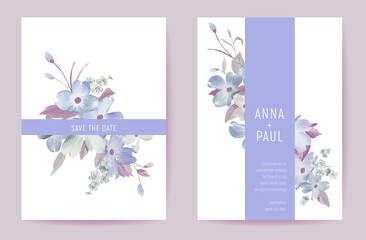 Wedding invitation spring pastel flowers. Floral watercolor blooming card minimal template vector