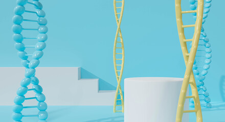 3d rendering for display podium. DNA molecule on blue wall background