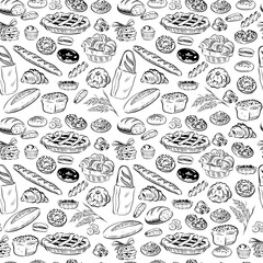 Vector seamless pattern with bakery goods - pie, bread, cookie, donut, croissant - outline isolated objects on white background. Hand drawn sketch style. Vector illustration. Packaging wrapping paper.