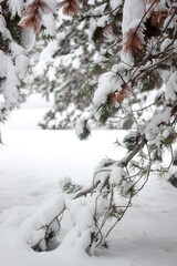Fototapeta na wymiar Snow on the pine tree. Winter abstract background.