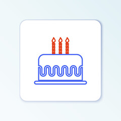 Line Cake with burning candles icon isolated on white background. Happy Birthday. Colorful outline concept. Vector.